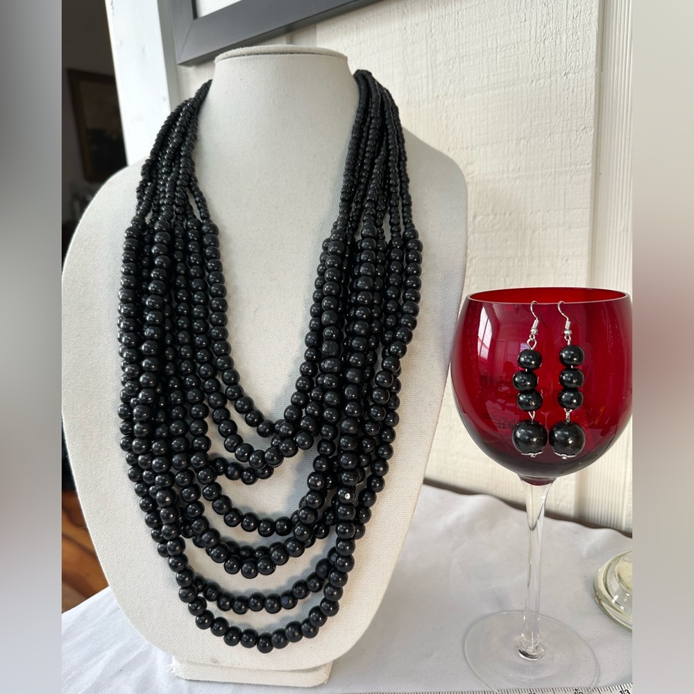 Long bold multi strand black bead necklace earrings set